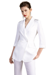 White Embellished Three Quarter Sleeves Pantsuit - FashionByTeresa